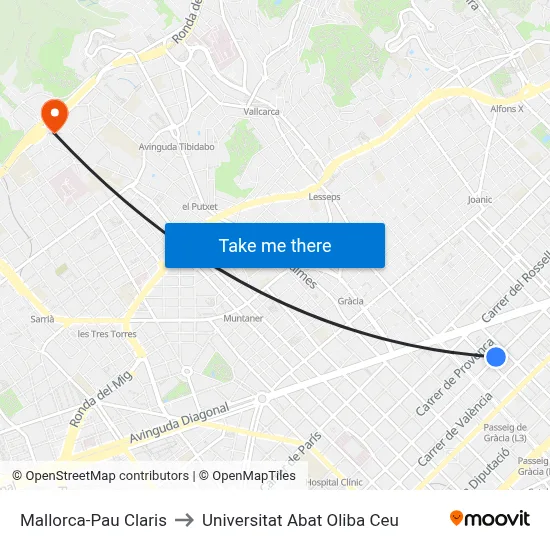 Mallorca-Pau Claris to Universitat Abat Oliba Ceu map