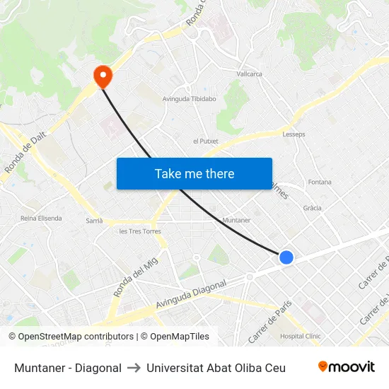 Muntaner - Diagonal to Universitat Abat Oliba Ceu map