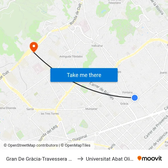 Gran De Gràcia-Travessera De Gràcia to Universitat Abat Oliba Ceu map