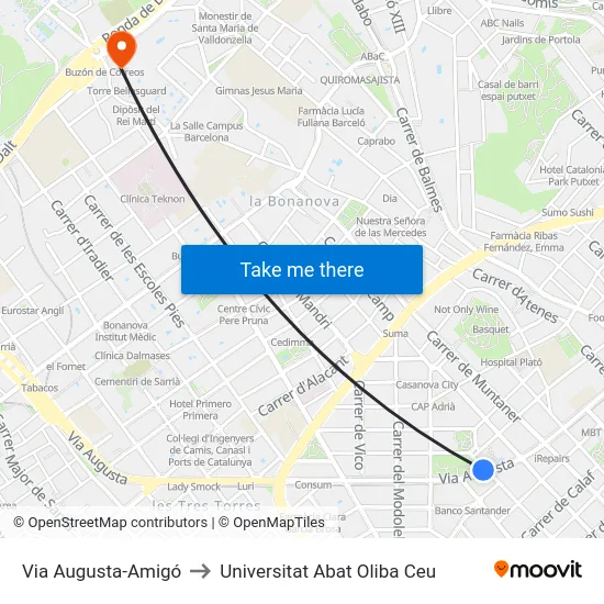 Via Augusta-Amigó to Universitat Abat Oliba Ceu map