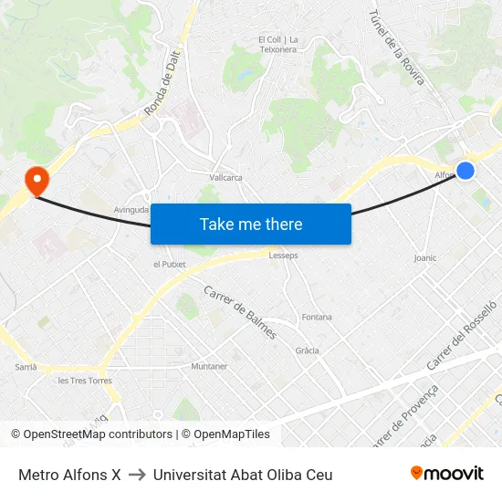 Metro Alfons X to Universitat Abat Oliba Ceu map
