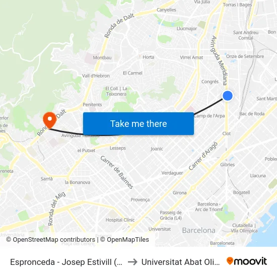 Espronceda - Josep Estivill (Sagrera) to Universitat Abat Oliba Ceu map