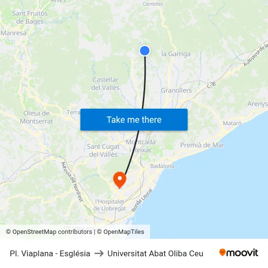 Pl. Viaplana - Església to Universitat Abat Oliba Ceu map
