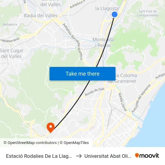 Estació Rodalies De La Llagosta (R2) to Universitat Abat Oliba Ceu map