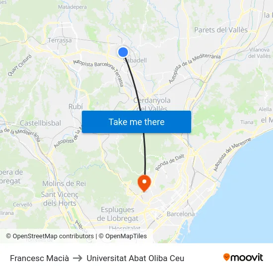 Francesc Macià to Universitat Abat Oliba Ceu map