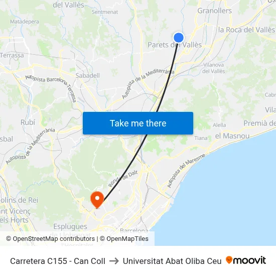 Carretera C155 - Can Coll to Universitat Abat Oliba Ceu map
