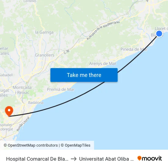 Hospital Comarcal De Blanes to Universitat Abat Oliba Ceu map