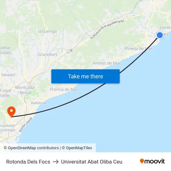 Rotonda Dels Focs to Universitat Abat Oliba Ceu map