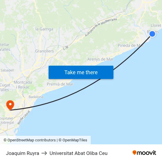 Joaquim Ruyra to Universitat Abat Oliba Ceu map