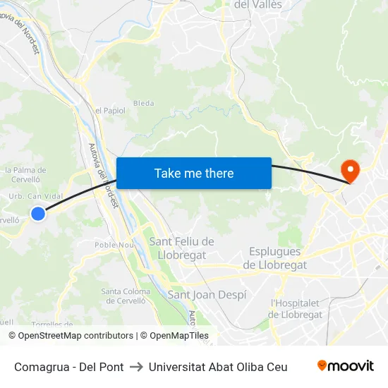 Comagrua - Del Pont to Universitat Abat Oliba Ceu map