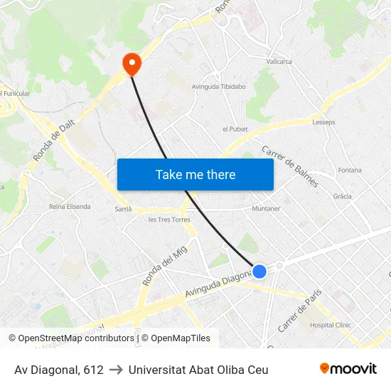 Av Diagonal, 612 to Universitat Abat Oliba Ceu map