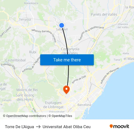 Torre De L'Aigua to Universitat Abat Oliba Ceu map