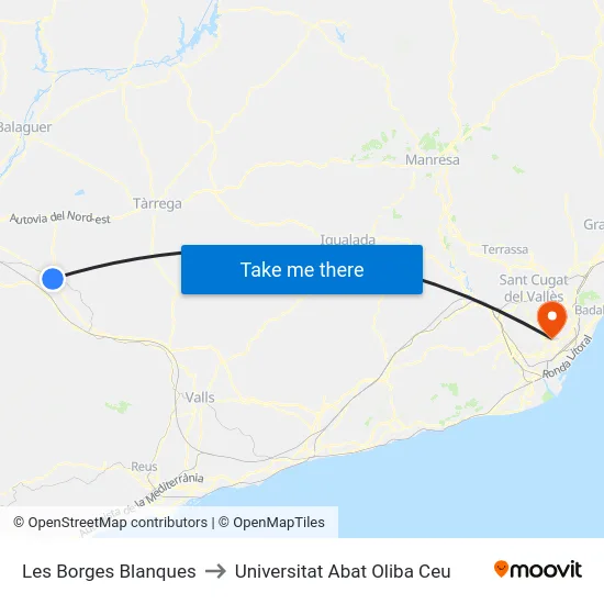 Les Borges Blanques to Universitat Abat Oliba Ceu map