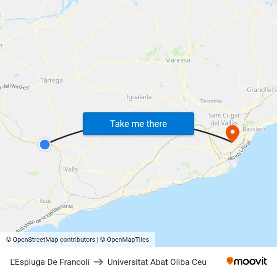 L'Espluga De Francolí to Universitat Abat Oliba Ceu map
