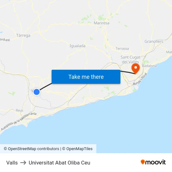 Valls to Universitat Abat Oliba Ceu map