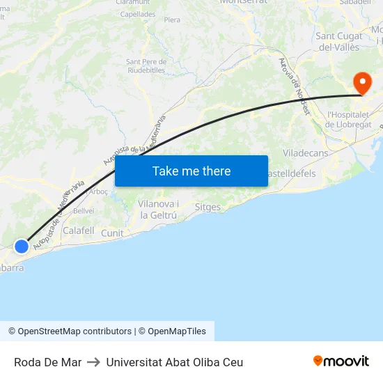 Roda De Mar to Universitat Abat Oliba Ceu map