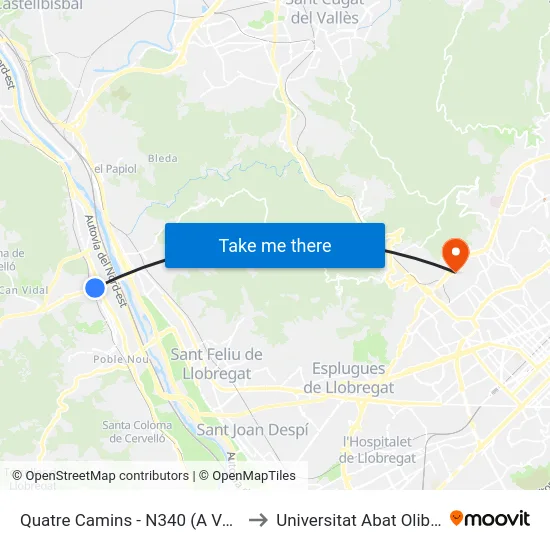 Quatre Camins - N340 (A Vallirana) to Universitat Abat Oliba Ceu map