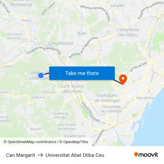 Can Margarit to Universitat Abat Oliba Ceu map