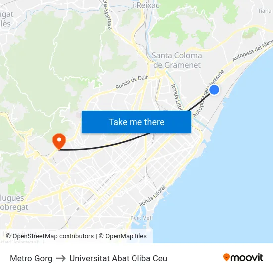 Metro Gorg to Universitat Abat Oliba Ceu map