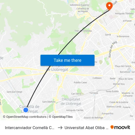 Intercanviador Cornellà Centre to Universitat Abat Oliba Ceu map
