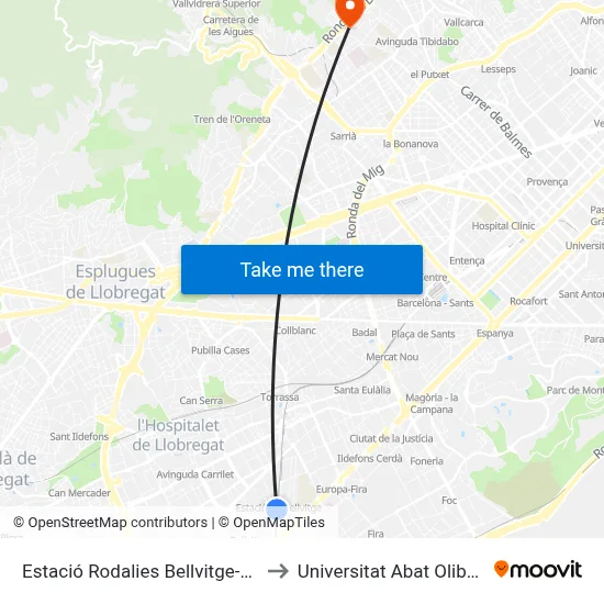 Estació Rodalies Bellvitge-Gornal to Universitat Abat Oliba Ceu map