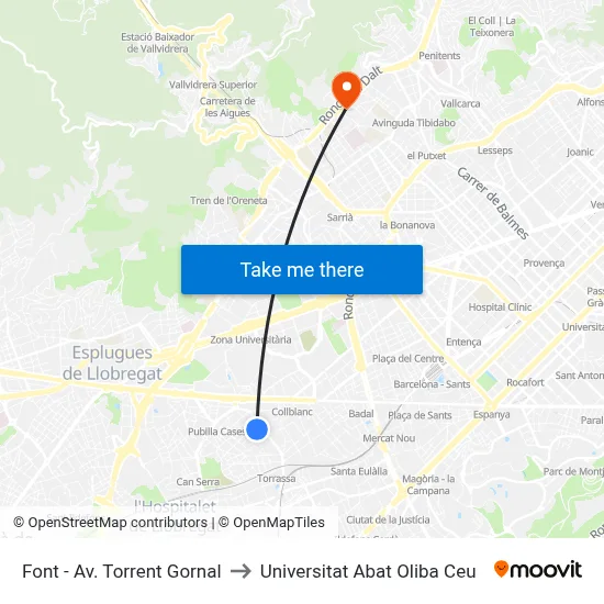 Font - Av. Torrent Gornal to Universitat Abat Oliba Ceu map