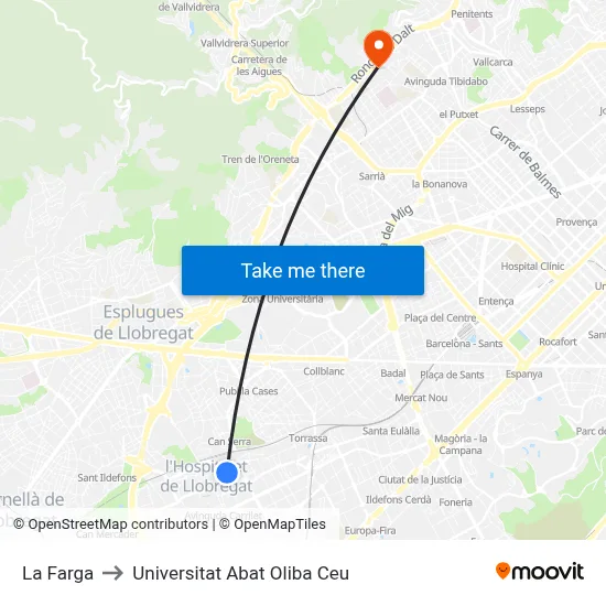 La Farga to Universitat Abat Oliba Ceu map