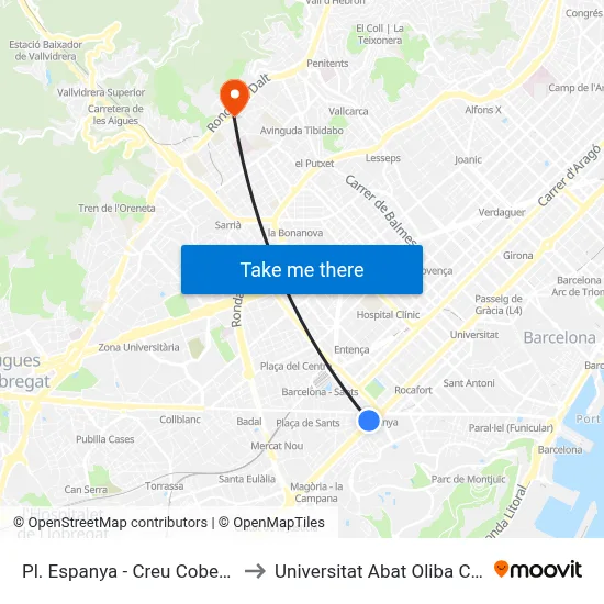 Pl. Espanya - Creu Coberta to Universitat Abat Oliba Ceu map