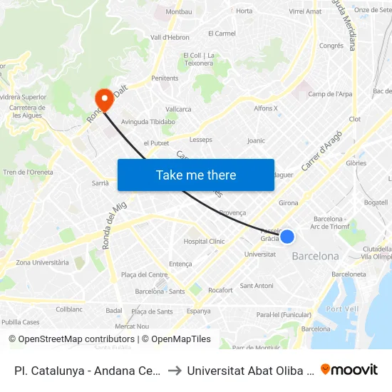 Pl. Catalunya - Andana Central to Universitat Abat Oliba Ceu map