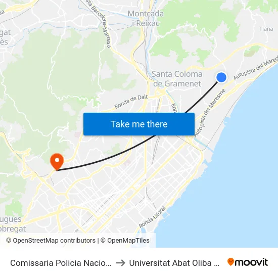 Comissaria Policia Nacional to Universitat Abat Oliba Ceu map