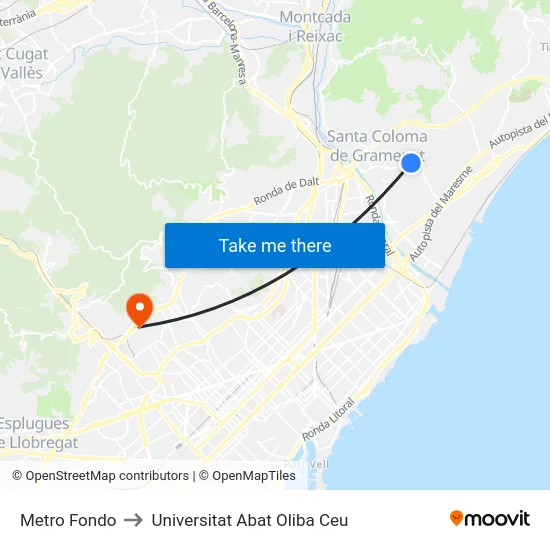 Metro Fondo to Universitat Abat Oliba Ceu map