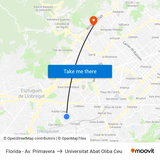 Florida - Av. Primavera to Universitat Abat Oliba Ceu map