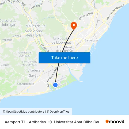 Aeroport T1 - Arribades to Universitat Abat Oliba Ceu map