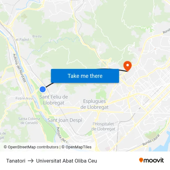 Tanatori to Universitat Abat Oliba Ceu map