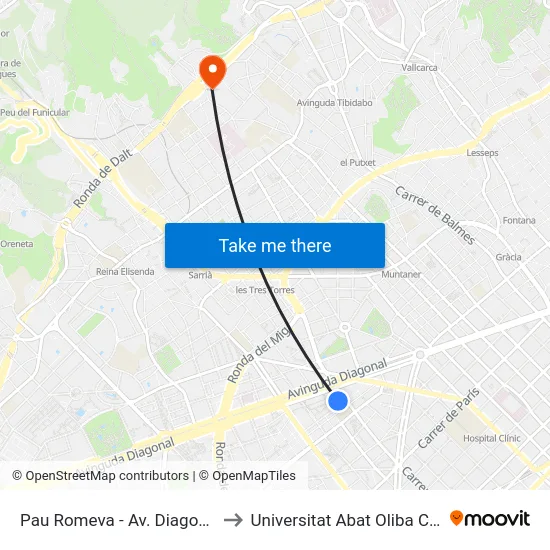 Pau Romeva - Av. Diagonal to Universitat Abat Oliba Ceu map