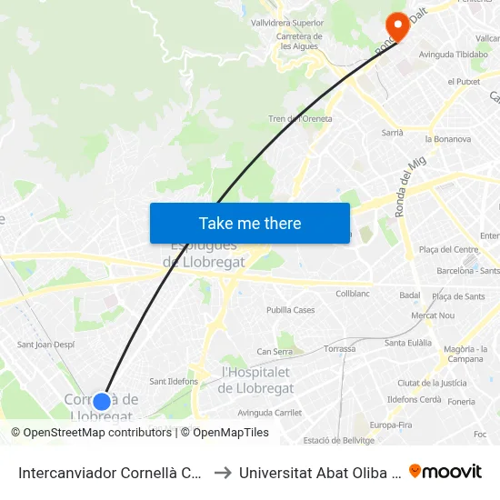 Intercanviador Cornellà Centre to Universitat Abat Oliba Ceu map