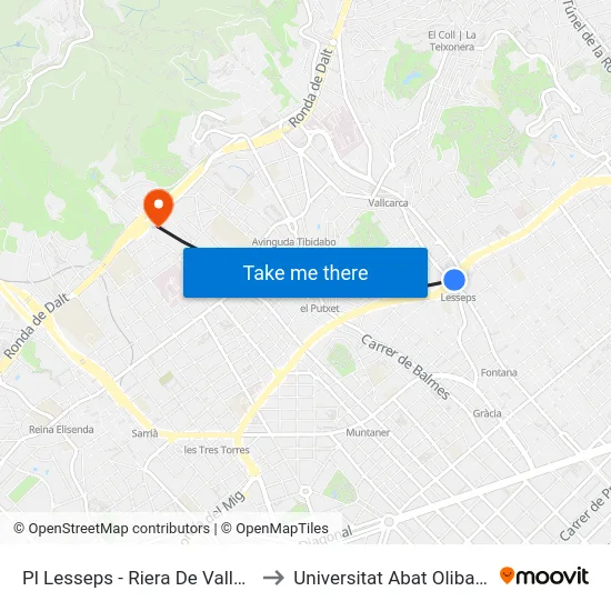 Pl Lesseps - Riera De Vallcarca to Universitat Abat Oliba Ceu map