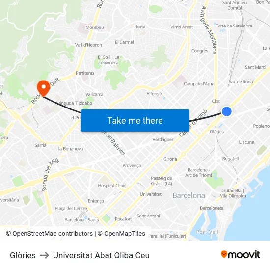 Glòries to Universitat Abat Oliba Ceu map