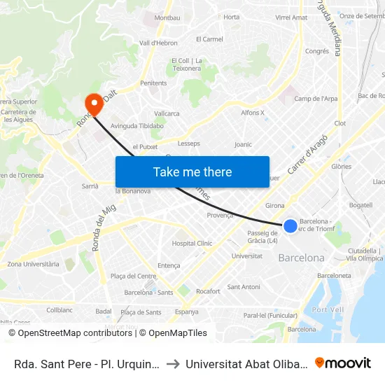 Rda. Sant Pere - Pl. Urquinaona to Universitat Abat Oliba Ceu map