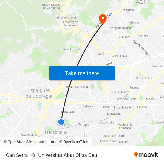 Can Serra to Universitat Abat Oliba Ceu map