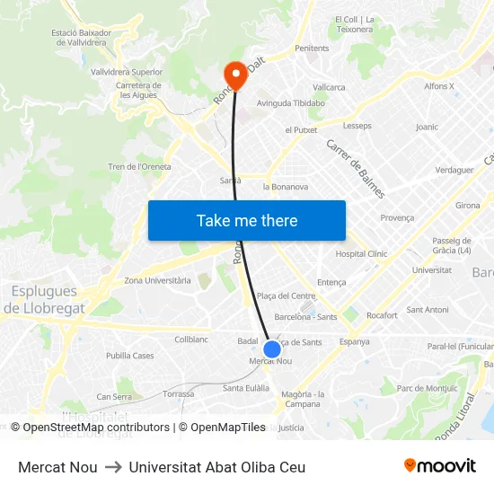 Mercat Nou to Universitat Abat Oliba Ceu map