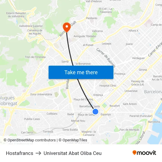 Hostafrancs to Universitat Abat Oliba Ceu map