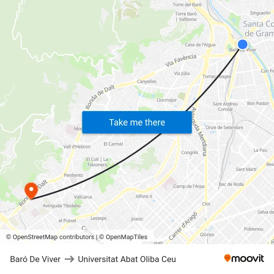 Baró De Viver to Universitat Abat Oliba Ceu map