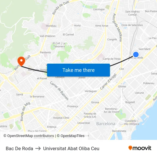 Bac De Roda to Universitat Abat Oliba Ceu map
