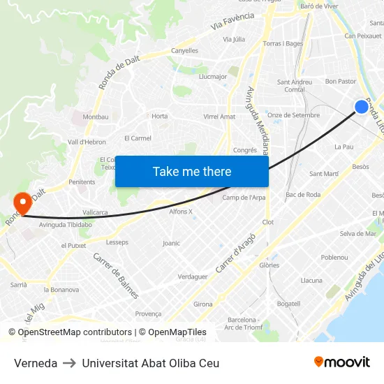 Verneda to Universitat Abat Oliba Ceu map