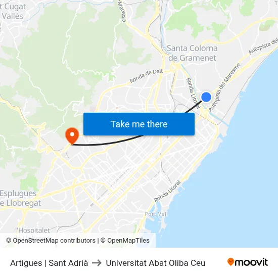 Artigues | Sant Adrià to Universitat Abat Oliba Ceu map