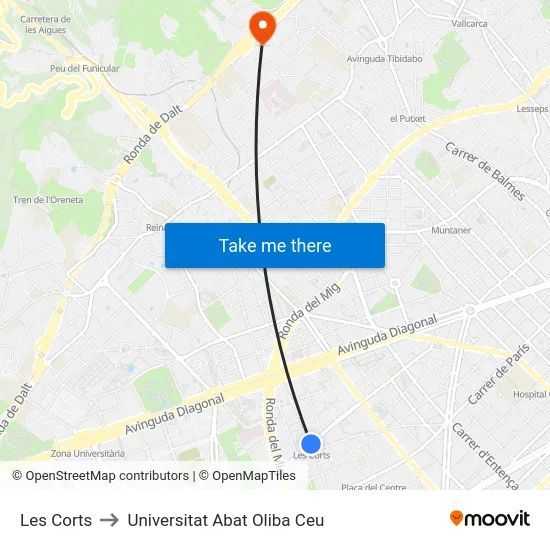 Les Corts to Universitat Abat Oliba Ceu map
