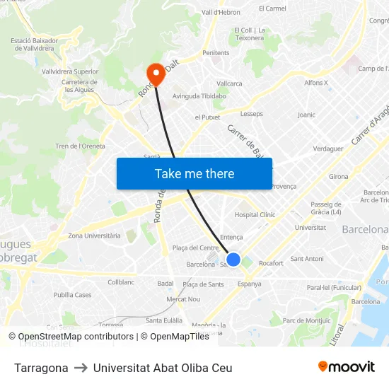 Tarragona to Universitat Abat Oliba Ceu map