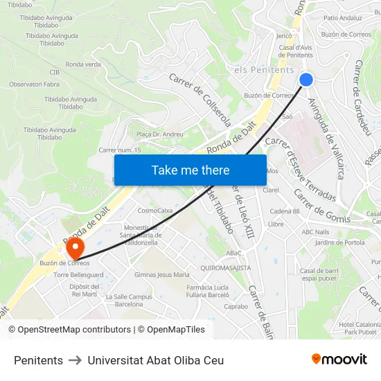 Penitents to Universitat Abat Oliba Ceu map