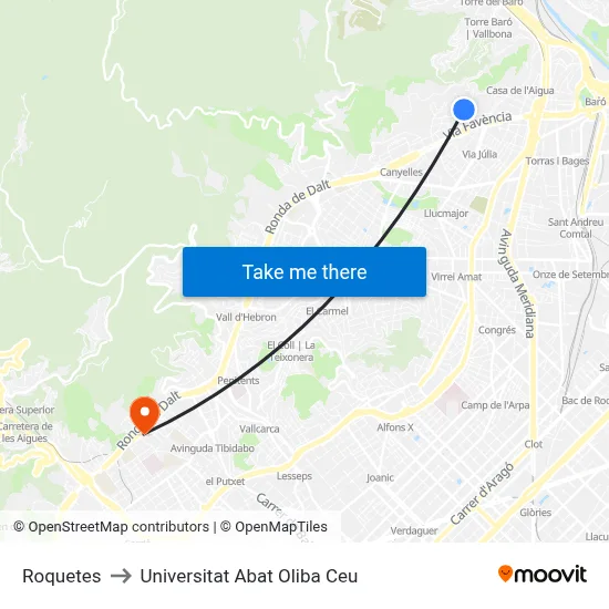 Roquetes to Universitat Abat Oliba Ceu map